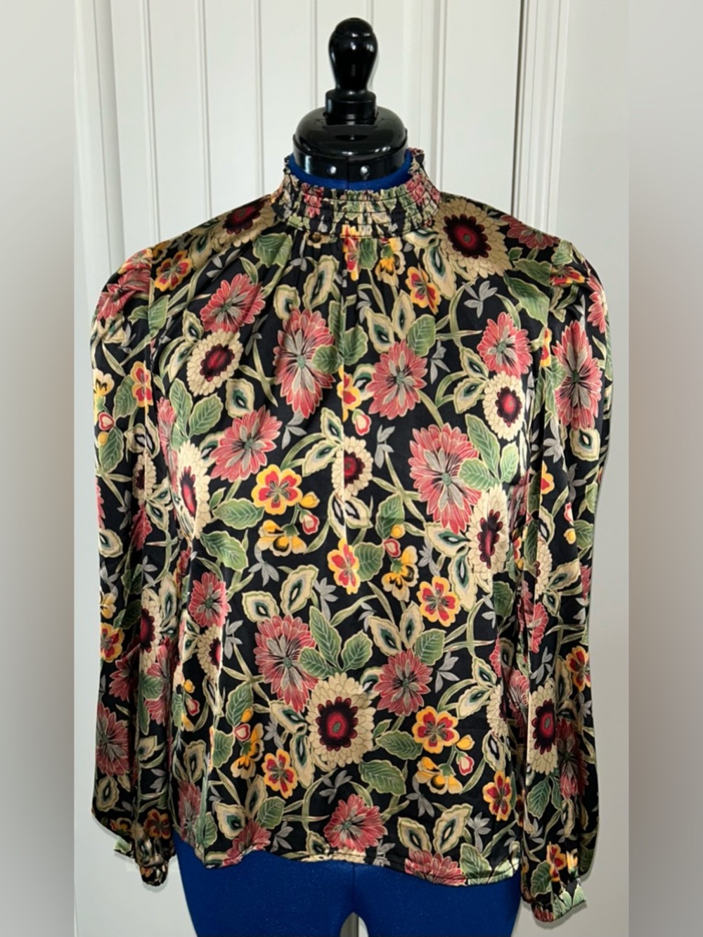 Black Floral Mock Neck Blouse with Elastic Band on Sleeves